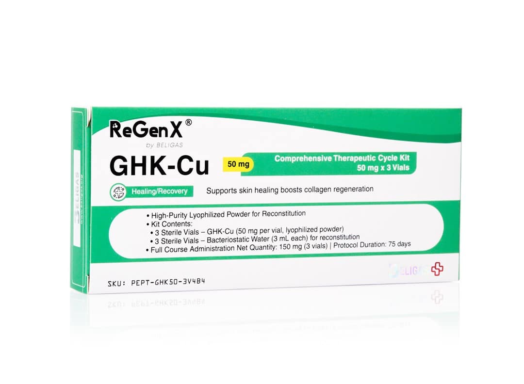 ReGenX GHK-Cu 50 mg/ml, 3 (50 mg) injektionsflaskor + 3 (3 ml) vattenbricka - Beligas (international)